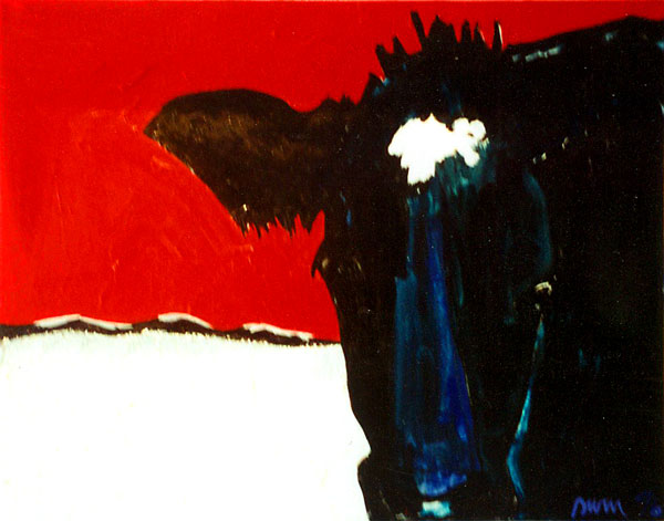 Painting of a bull on a red background entitled "Maximillian"