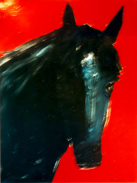 Painting by Suzanne Mears of a black horse on a red background, entitled "Tucson"