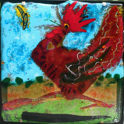 12 inch by 12 inch kiln formed glass piece of a red rooster titled "Have a Good Day"
