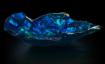 Kiln formed glass bowl titled Glacier Blues