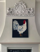 Rooster painting, acrylic on board, titled "Linebacker"